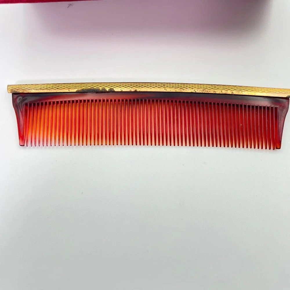 Vintage Saturnia Italy Vanity Comb Mirror Set Red Case Limoges‎ Portrait Rare
